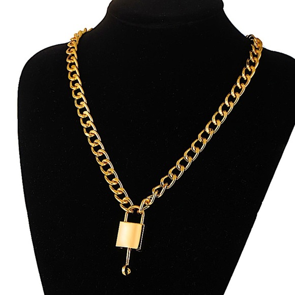 Gold Lock & Key Cuban Chain Link Punk Choker - Picture 9 of 13